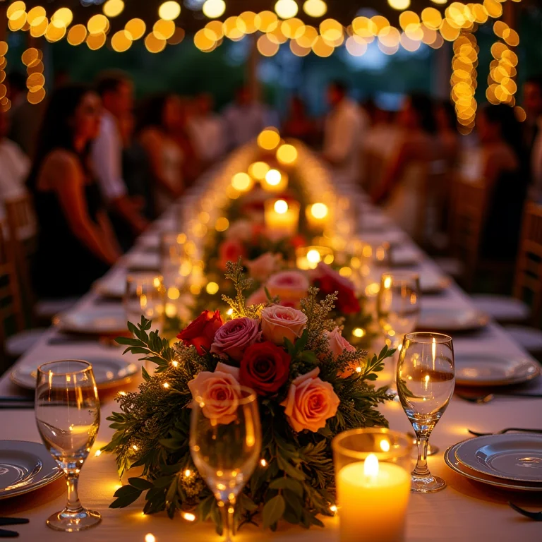 Cordões de luz (fairy lights) em centros de mesa de casamento no Brasil.