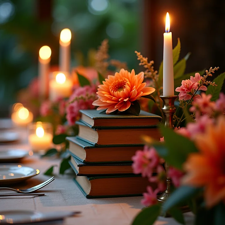 Decoração de casamento com livros, flores tropicais e velas