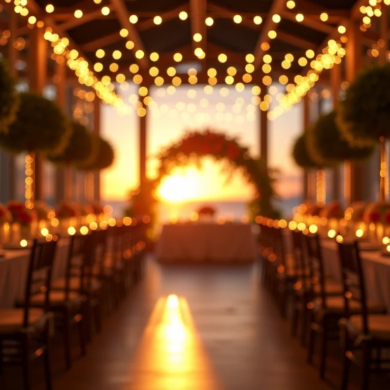 Decoração de casamento em espaço interno moderno com iluminação especial