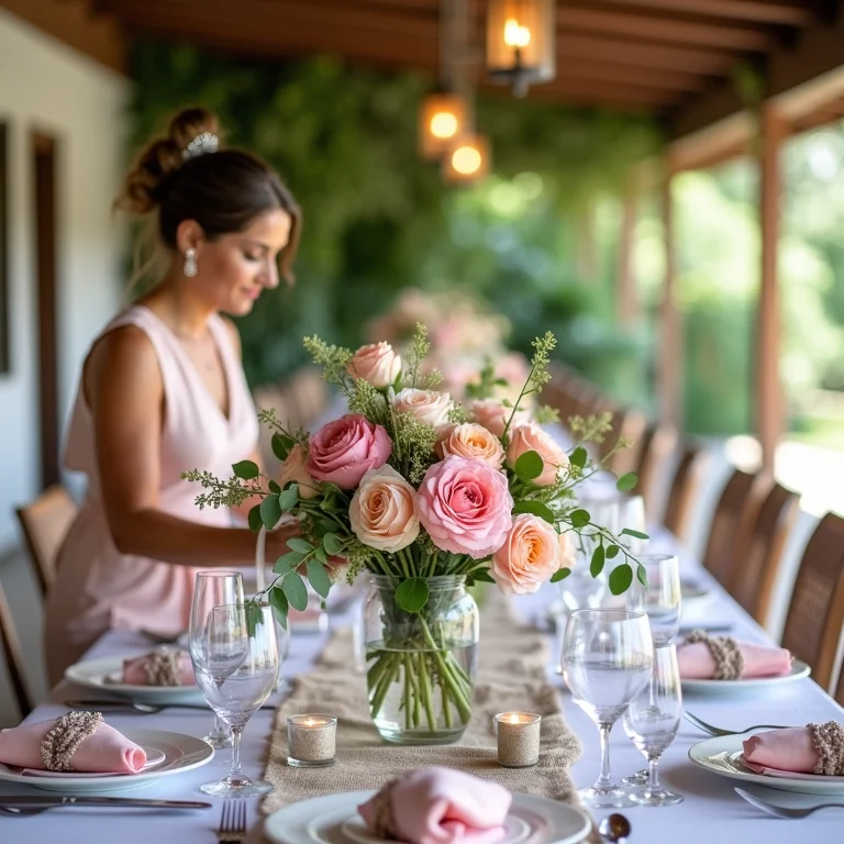 Decoração de casamento rústico-chique em uma fazenda brasileira com arranjos florais delicados.