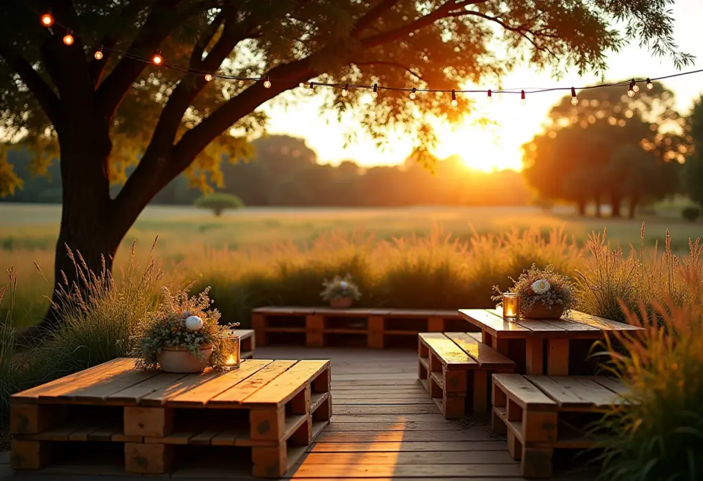 Decoração de casamento rústico com pallets de madeira reutilizados.