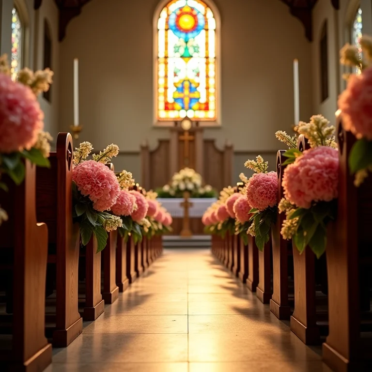 Decoração de corredor de igreja com arranjos de hortênsias em casamento brasileiro.