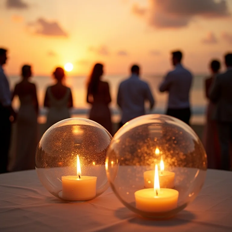 Delicados velários flutuantes iluminam um casamento na praia.