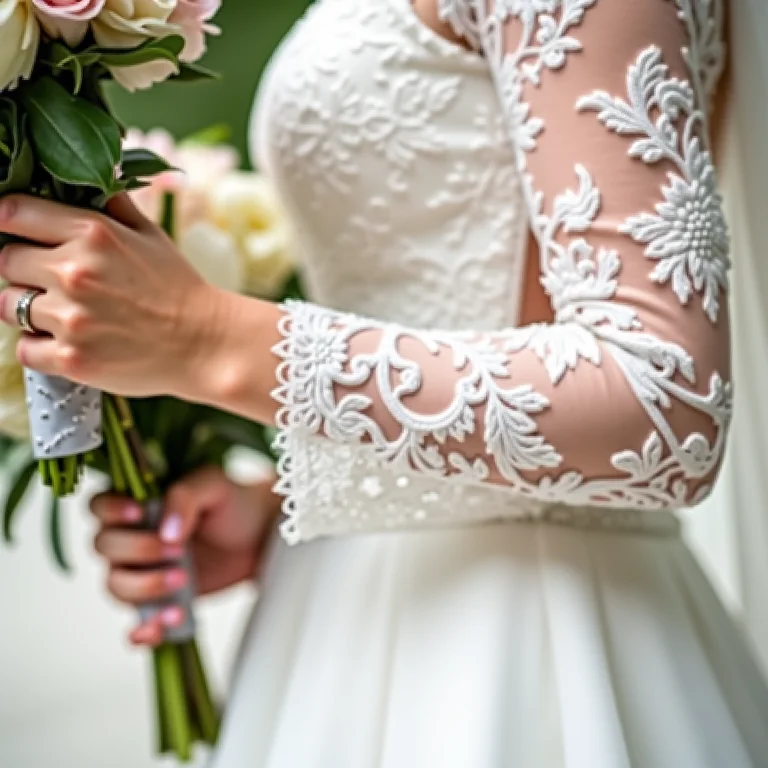 Detalhe da renda em vestido de noiva com buquê de flores.