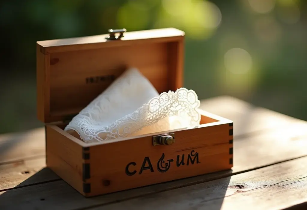 Detalhe de presente personalizado: caixa de madeira com lenço de renda em casamento brasileiro