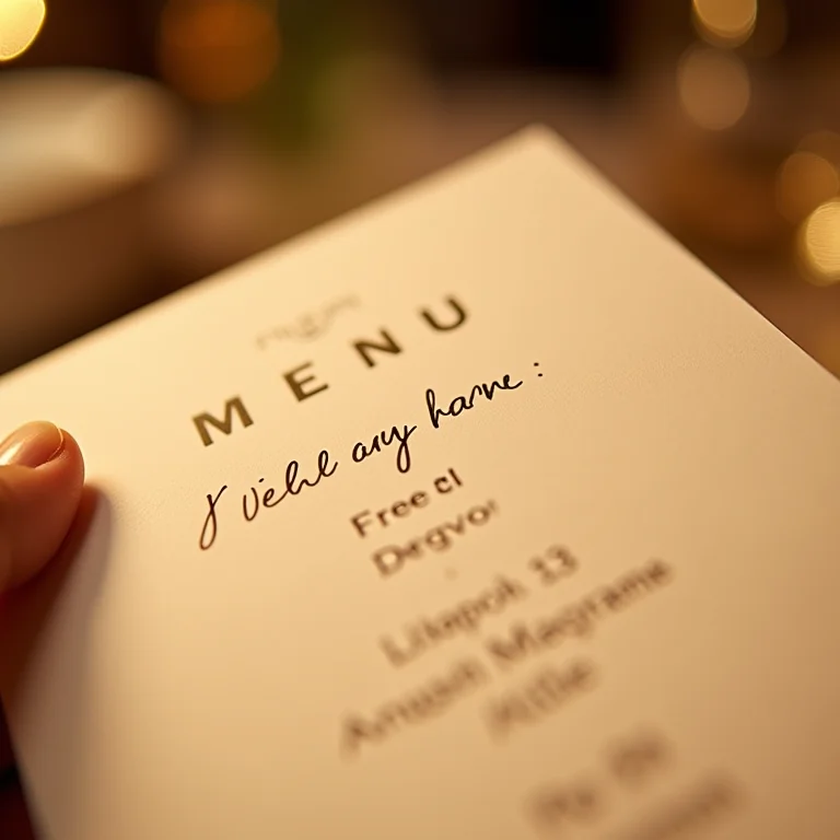 Detalhe de um menu com anotação sobre alergia alimentar de um convidado