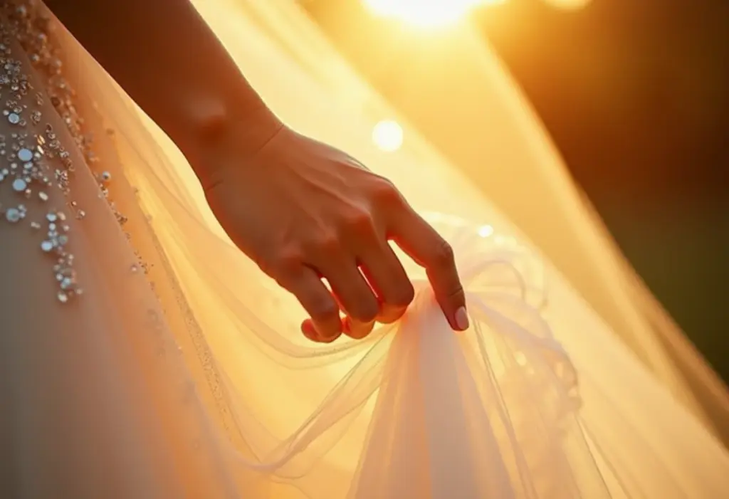 Vestido de noiva tule com glitter: 7 modelos que são puro sonho Detalhe de um vestido de noiva de tule com glitter sob a luz do sol