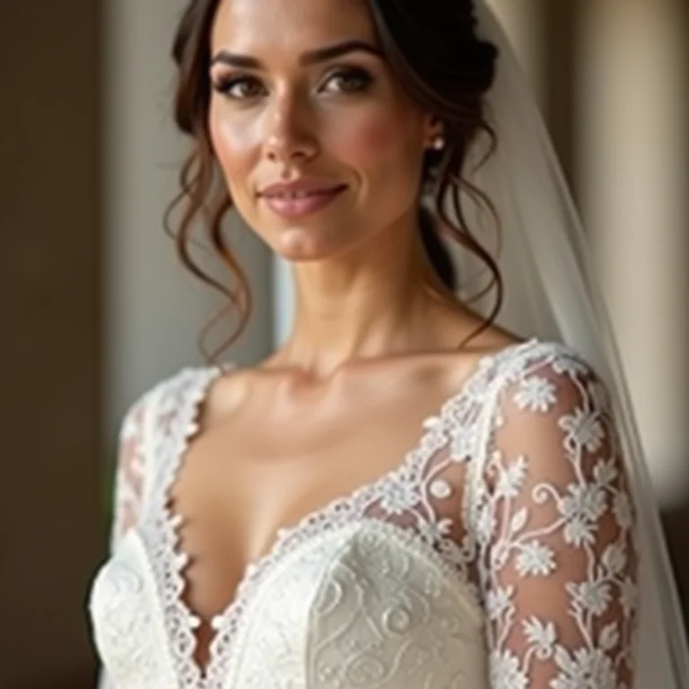 Detalhe do vestido de noiva com manga ilusão e renda em igreja colonial.