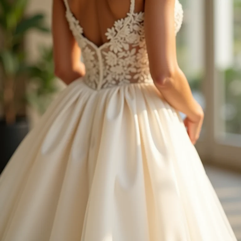 Detalhe do vestido de noiva feito de seda, chiffon e organza