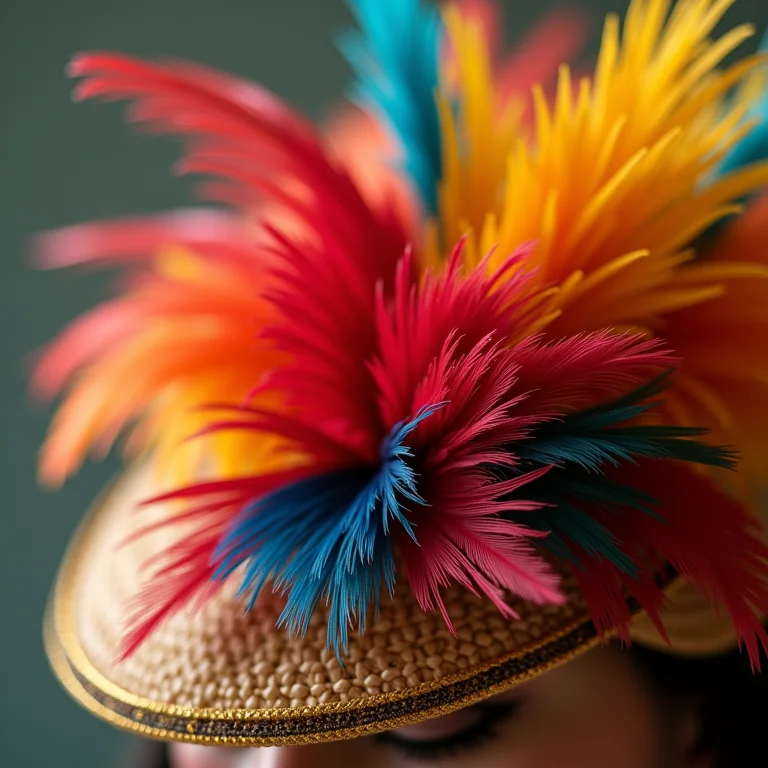 Detalhe macro de um fascinator colorido feito com penas vibrantes e materiais naturais.