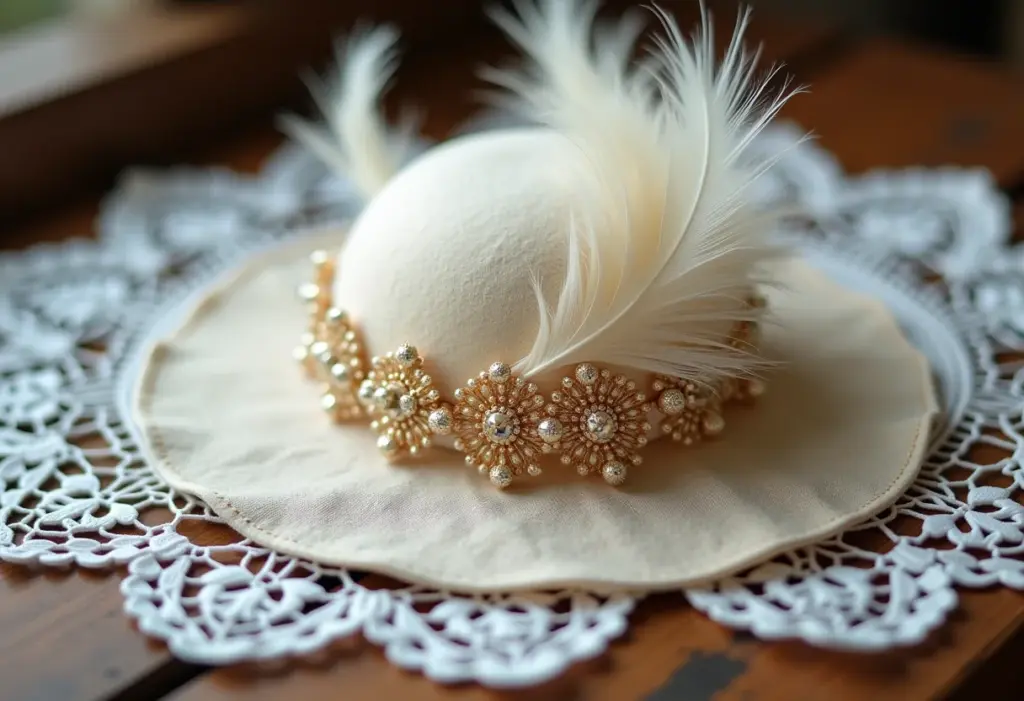 Detalhe macro de um fascinator elegante em um casamento brasileiro.