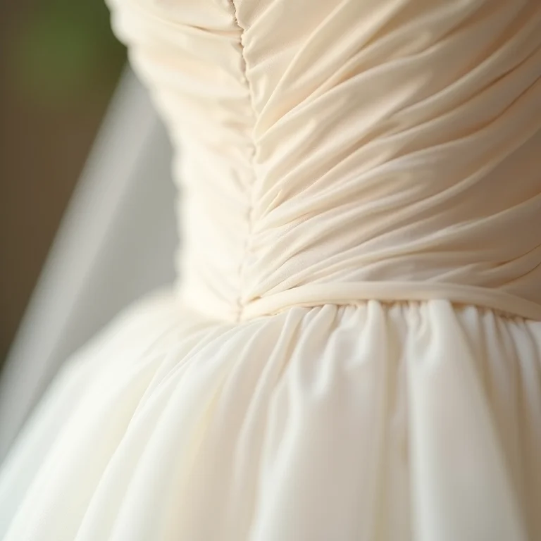 Detalhe macro de um ruche delicado em um vestido de noiva.