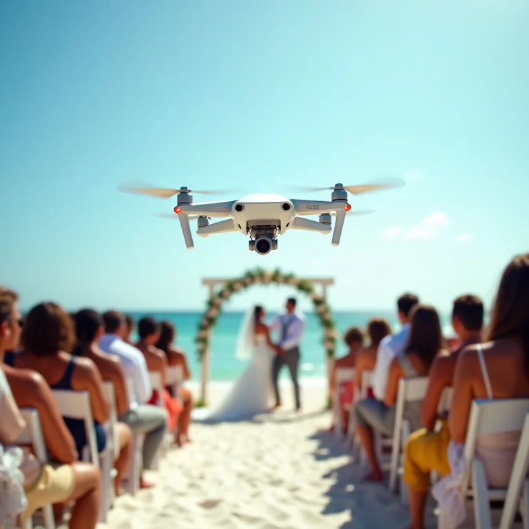 Drone sobrevoando casamento na praia com convidados diversos.