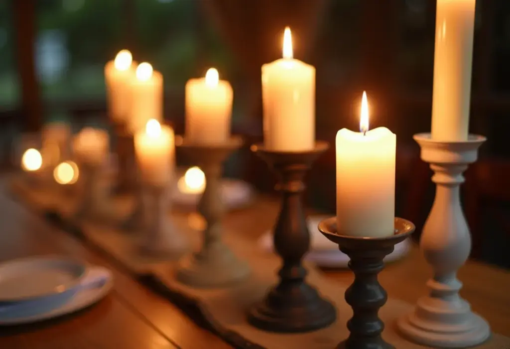 Centro de mesa com velas: 7 ideias românticas e econômicas Elegantes castiçais reutilizados como centros de mesa em casamento brasileiro.