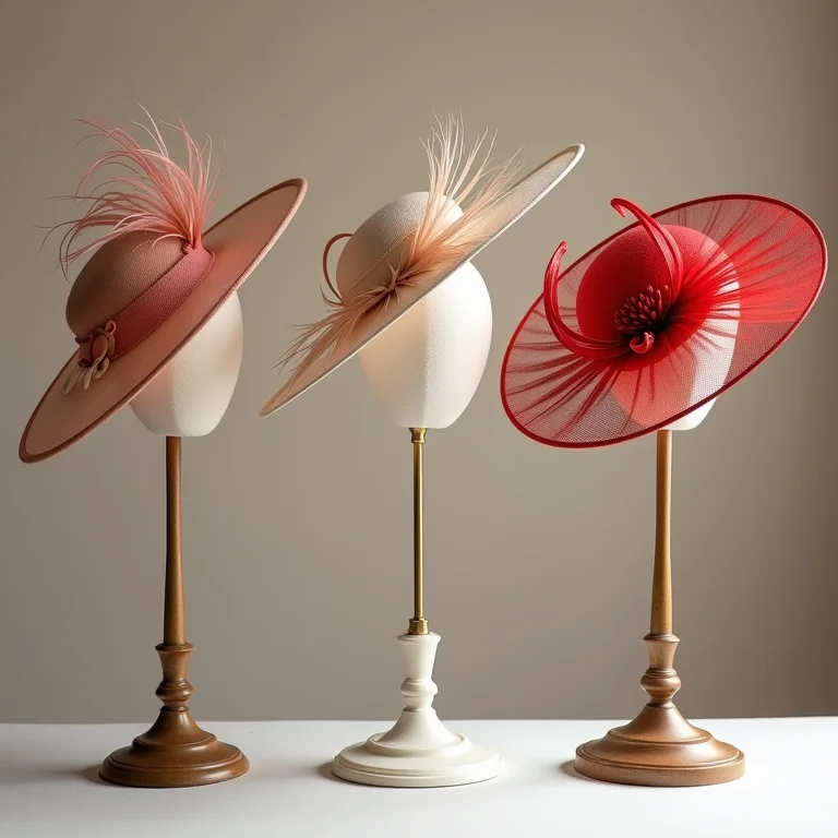 Exposição de três fascinators diferentes demonstrando a versatilidade do acessório.