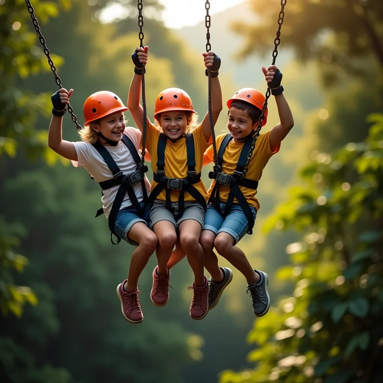Família se aventurando na tirolesa em Gramado.