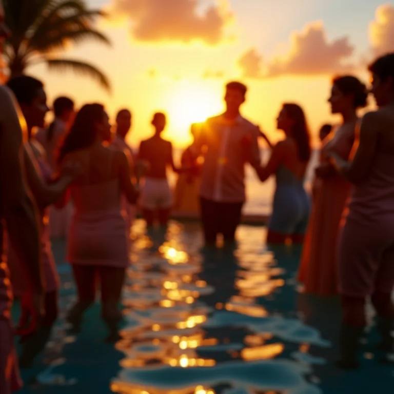 Festa de casamento animada à beira da piscina ao pôr do sol.