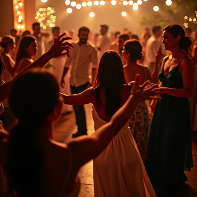 Festa de casamento animada com convidados diversos vista de cima por um drone.