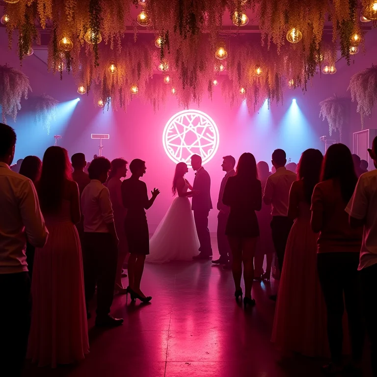 Festa de casamento moderna com decoração geométrica e pista de dança