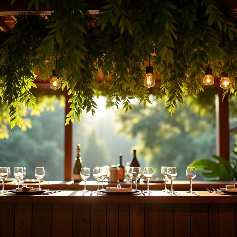 Folhagens suspensas decorando bar de casamento em fazenda brasileira