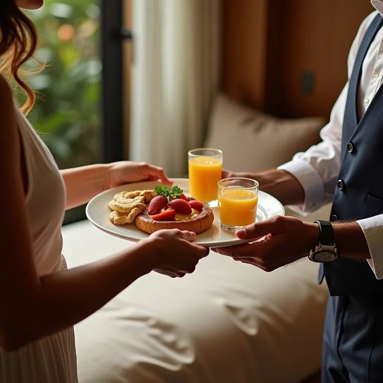 Funcionários do hotel servindo café da manhã atenciosamente a um casal recém-casado.