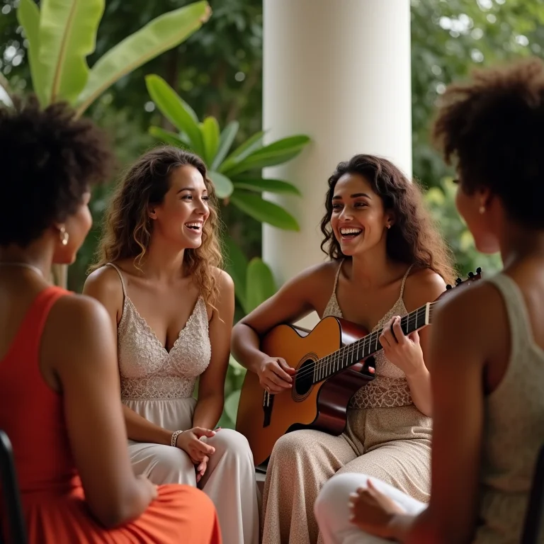 Grupo de mulheres cantando MPB em um chá de cozinha.
