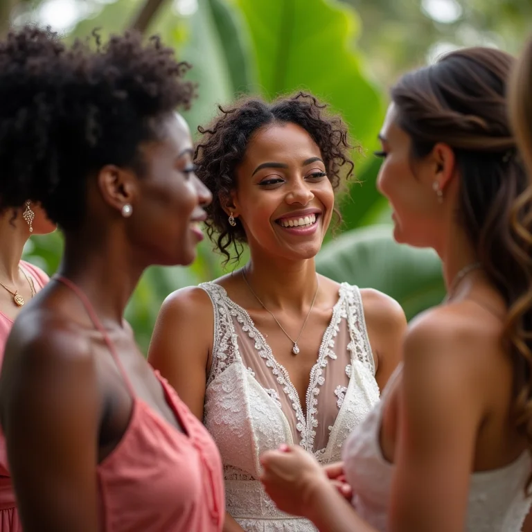 Grupo diversificado de convidadas em um chá de cozinha.