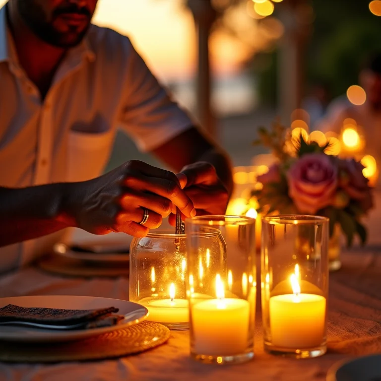 Instalação de iluminação em centros de mesa de casamento no Brasil.