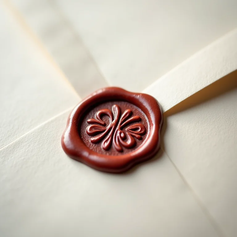 Lacre de cera em um envelope de convite de casamento com design personalizado.