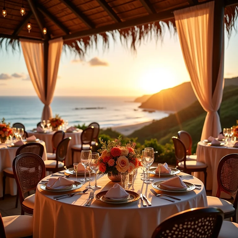 Local de casamento ideal em Itajaí com vista para a costa, decoração floral e iluminação ambiente.