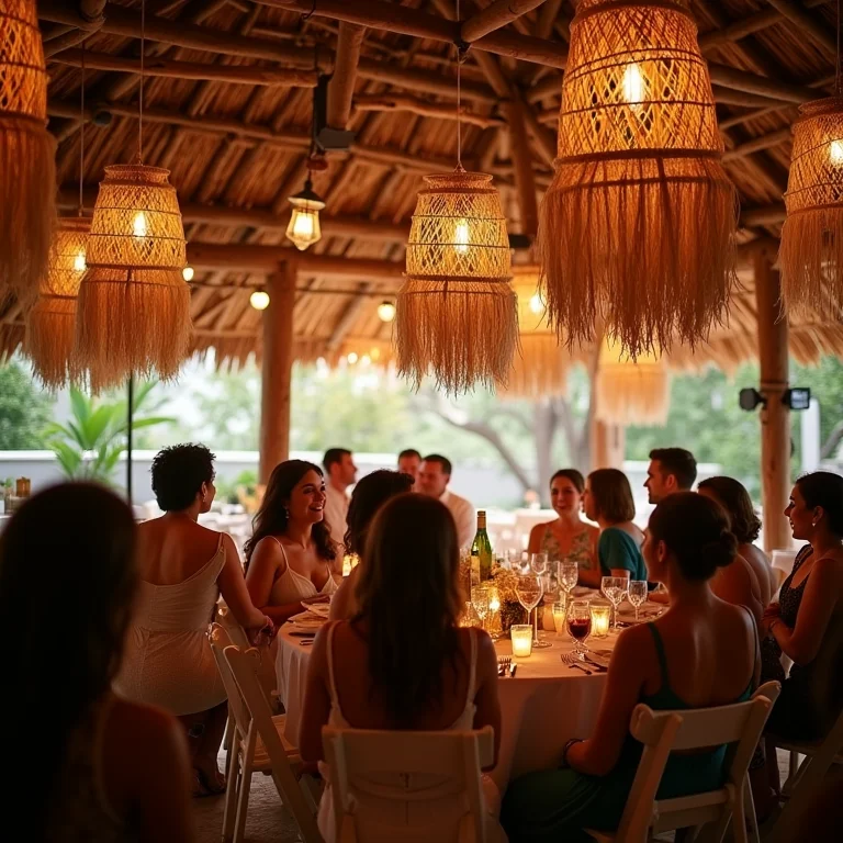 Lustres de palha e vime em recepção de casamento rústico