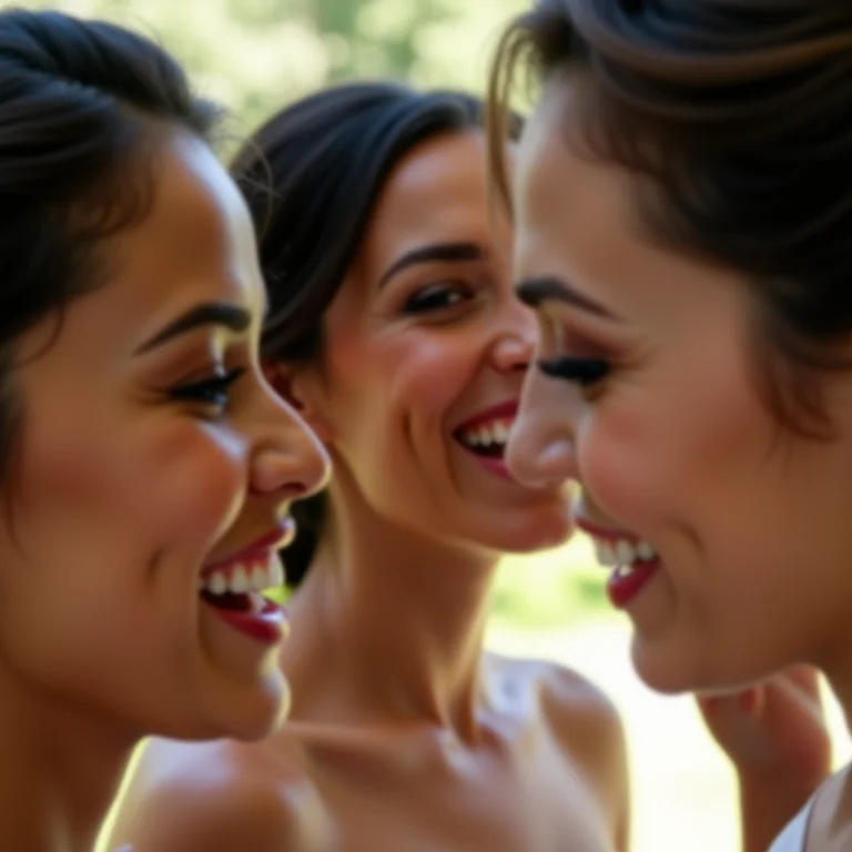 Madrinhas admirando os cílios da noiva em um casamento brasileiro