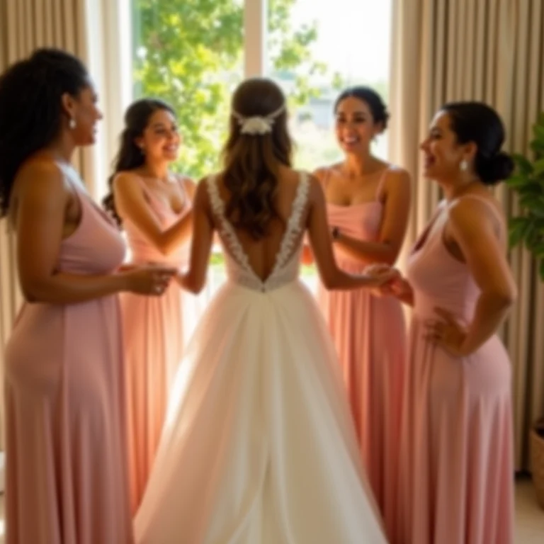 Madrinhas ajudando a noiva a se vestir em um casamento brasileiro.