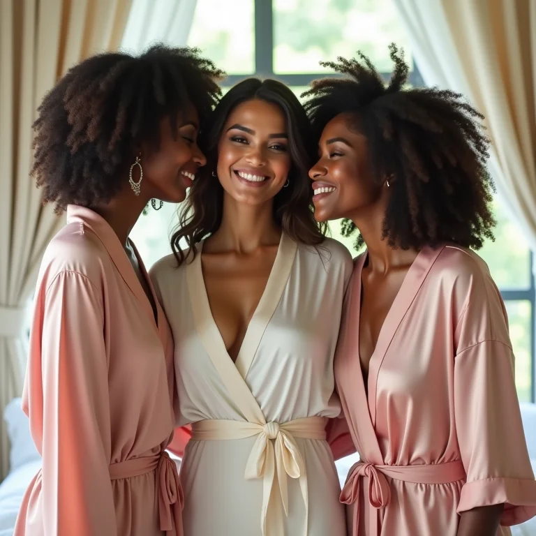 Madrinhas usando robes de seda em tons pastel