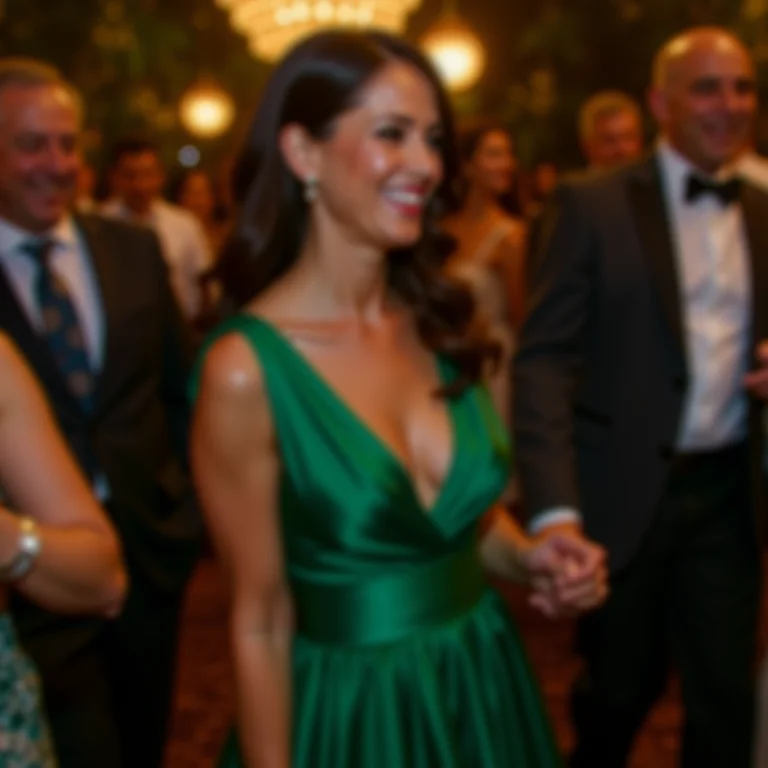 Mãe da noiva dançando alegremente em um vestido verde esmeralda em uma festa de casamento brasileira moderna.