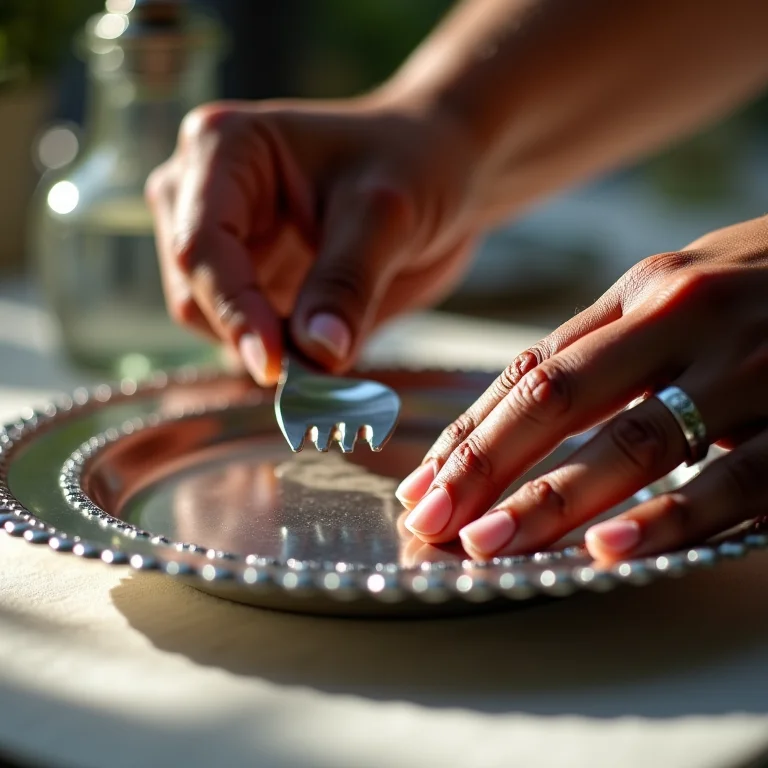 Mãos limpando sousplats de prata