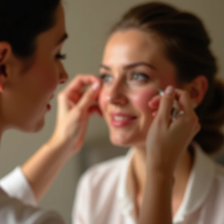 Maquiador aplicando blush no rosto da noiva.