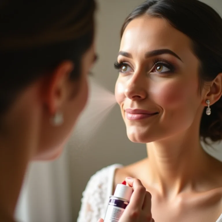 Maquiador aplicando spray fixador no rosto da noiva.