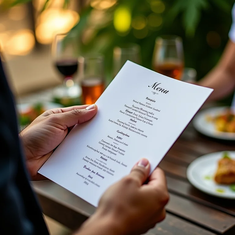 Menu de casamento com descrições claras e apetitosas de pratos bem apresentados