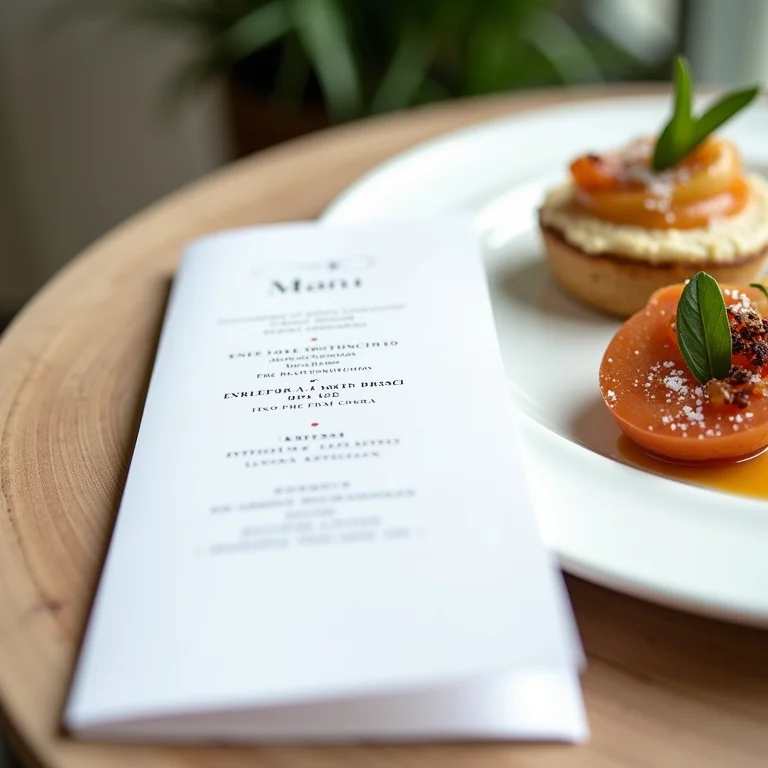 Menu de casamento com design clean e elegante em mesa de jantar sofisticada