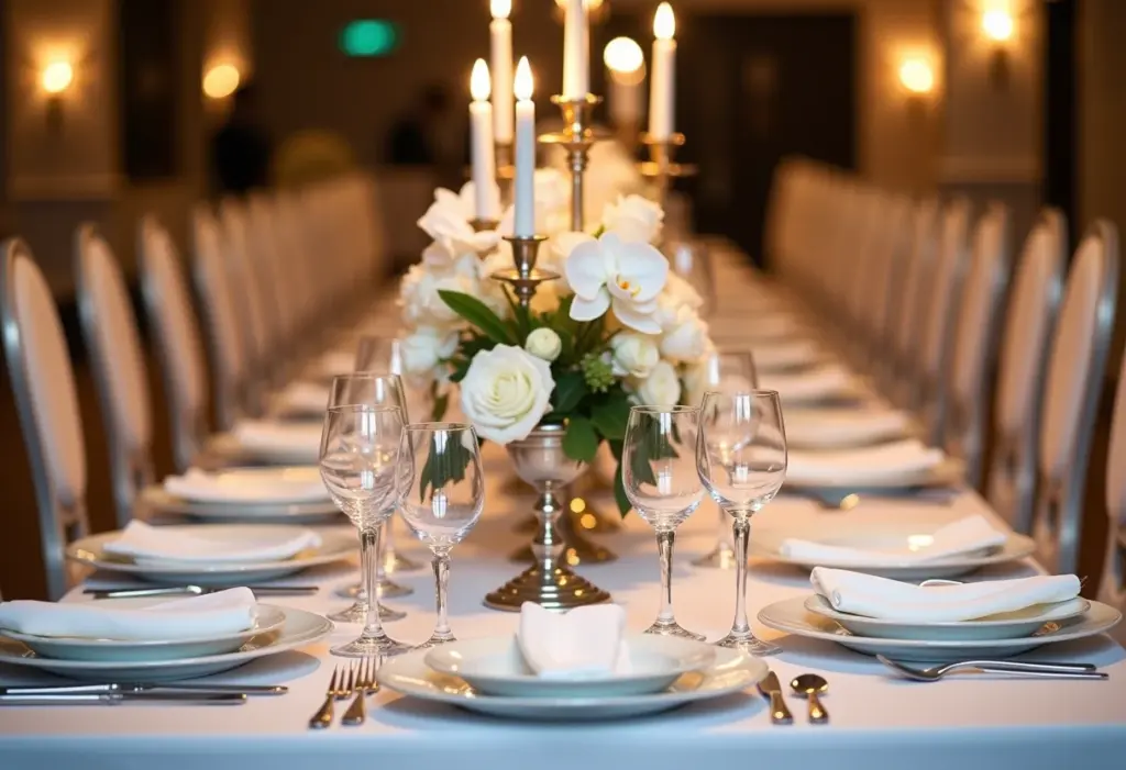 Mesa de banquete formal com toalha de mesa branca e decoração luxuosa