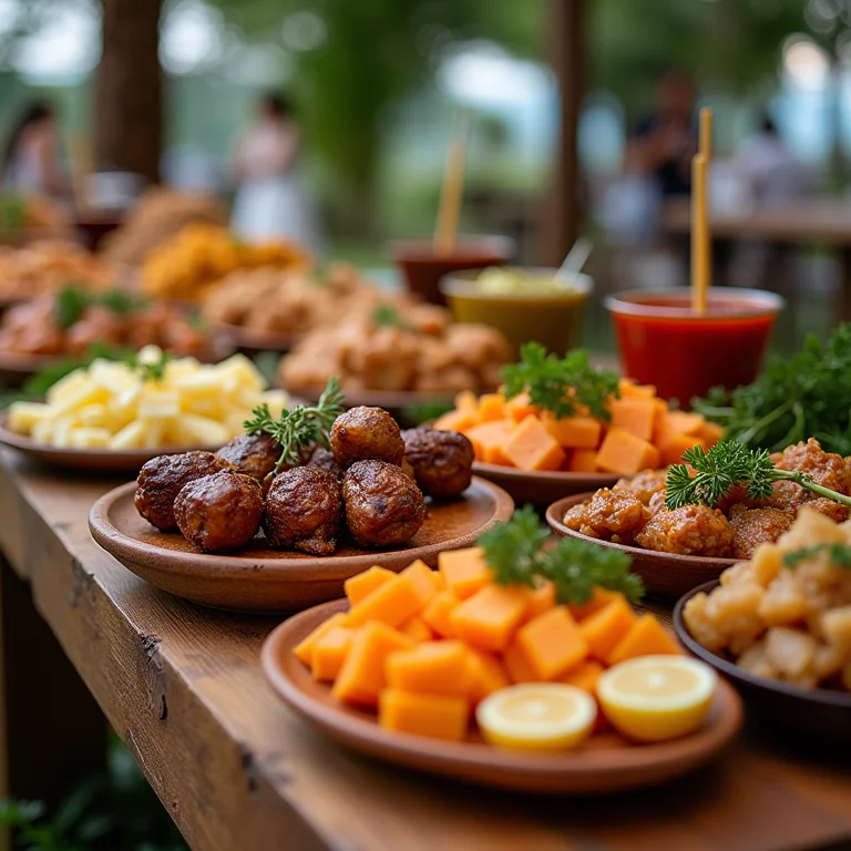 Mesa de buffet com comidas típicas do Vale do Ribeira