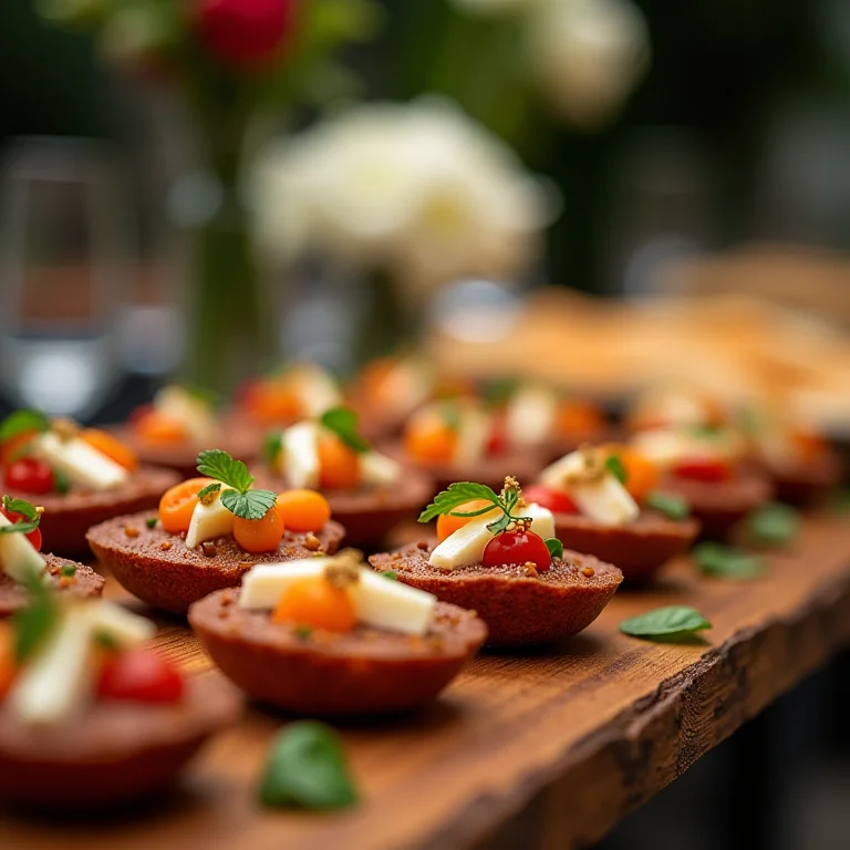 Mesa de buffet com gastronomia exclusiva em casamento em bistrô.