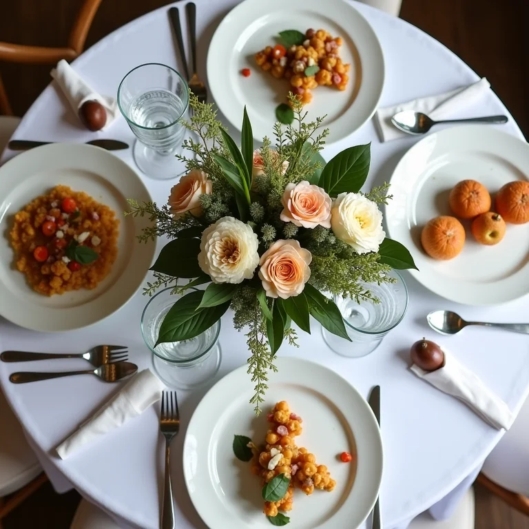 Mesa de café da manhã impecavelmente posta com flores e louças elegantes.