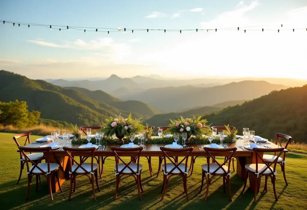 Mesa de casamento ao ar livre em Paraísopolis com vista panorâmica.