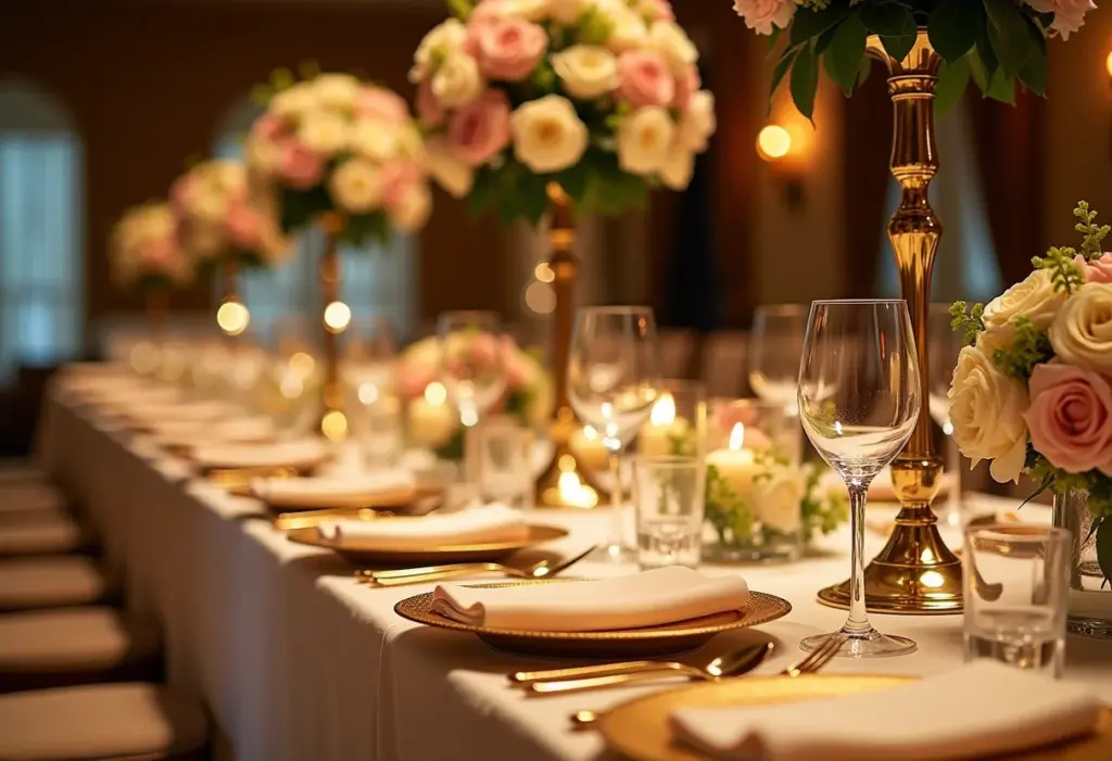 Mesa de casamento clássica com decoração floral luxuosa e detalhes dourados.