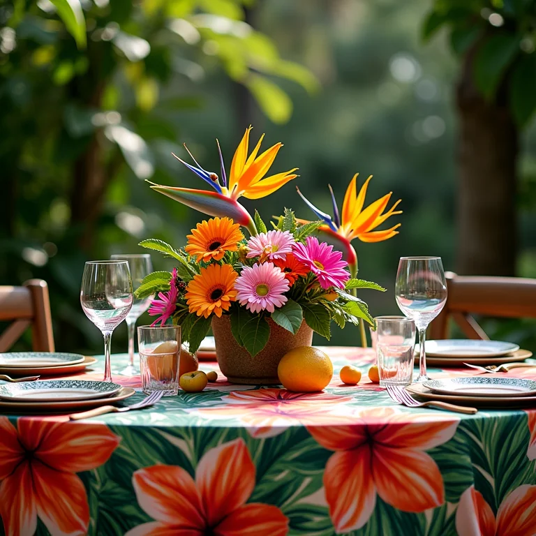 Mesa de casamento com tema tropical e toalha de mesa floral vibrante