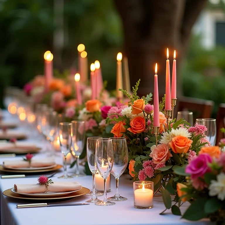 Mesa de casamento decorada com flores coloridas e velas em casamento brasileiro.