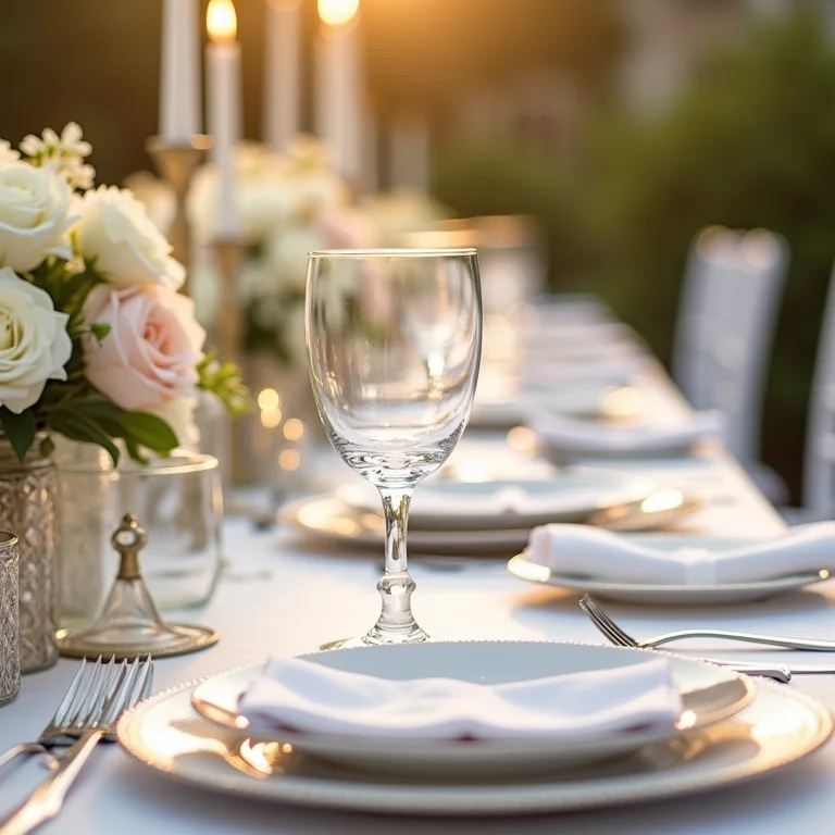 Mesa de casamento decorada com louças finas, cristais e arranjos florais elegantes.