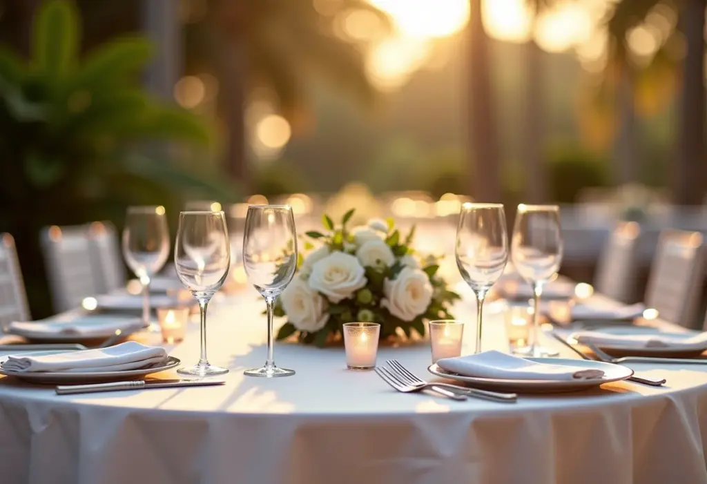 Mesa de casamento decorada com requinte, estilo brasileiro.